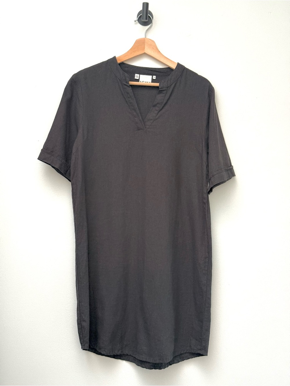 ICHI IHLINO Linen Day Dress Minimal Black Split-Neck Shift Dress Euro Summer - Picture 6 of 15